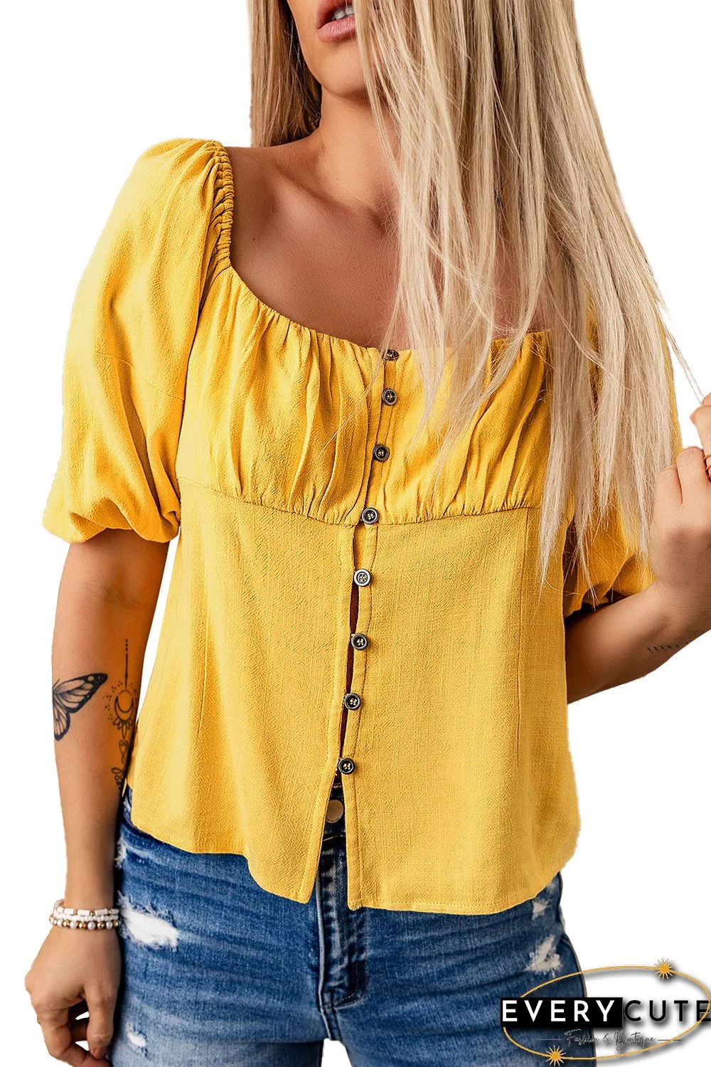 Yellow Ruched Buttoned Puff Sleeve Blouse