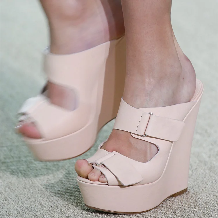 Blush Platform Mules Peep Toe Buckle Wedge Sandals for Women |FSJ Shoes