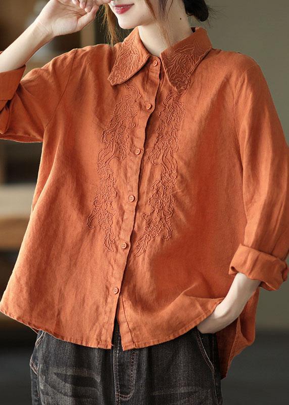 VCSHOES Orange Retro Peter Pan Collar Button Fall Linen Shirt Tops Long Sleeve
