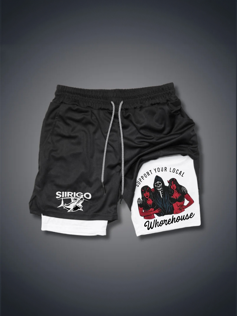SUPPORT YOUR LOCAL WHOREHOUSE Skull with Sexy Ladies GYM PERFORMANCE SHORTS