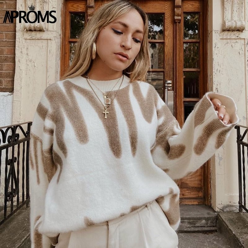 Aproms Elegant Green Striped Print Pullovers Women Winter O-Neck Loose Long Sweaters Streetwear Warm Outerwear 2022