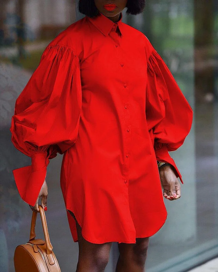 Solid Color Pleated Stand Collar Shirt Dress