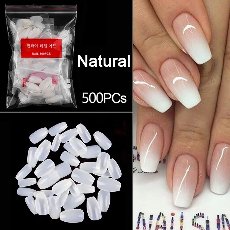 500pcs/pack Short Coffin Nails Clear Natural White Ballerina Nails Full False Nail Tips Salon DIY Acrylic Fake Nail Art 10 Size