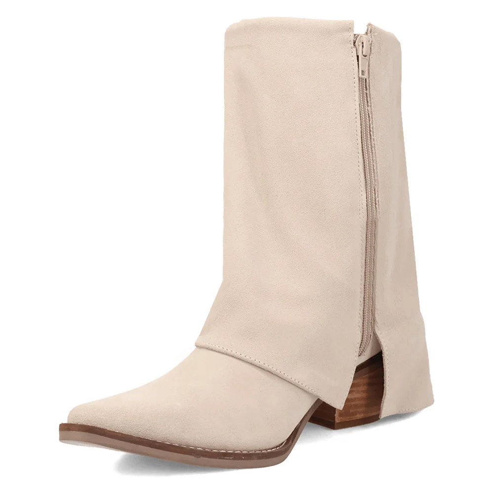 Beige Vegan Suede Chunky Heel Almond Toe Fold Over Fringe Booties