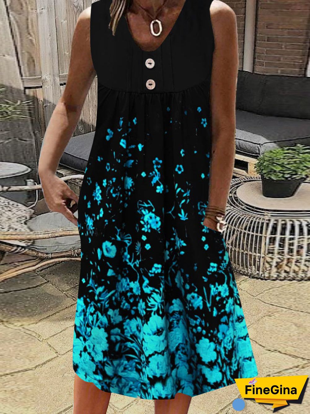 Women's Black V-Neck Sleeveless Floral Printed Midi Dress