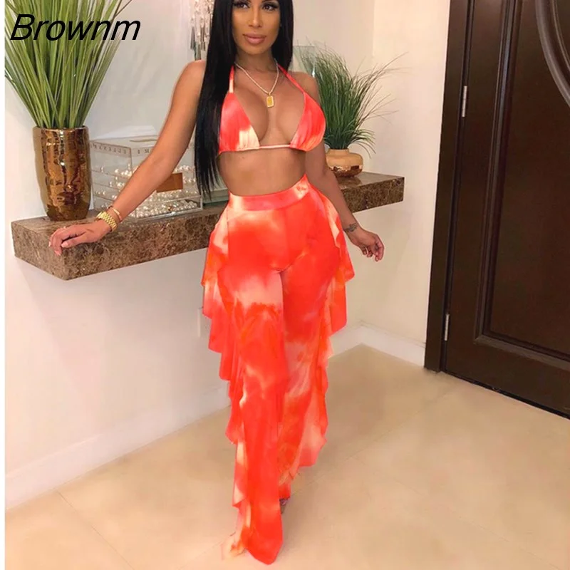 Brownm Tie Dye Print Mesh Summer Beach Two Piece Set with Panties Women Sexy Bra Halter Crop Top Ruffle Wide Leg Pants Suit