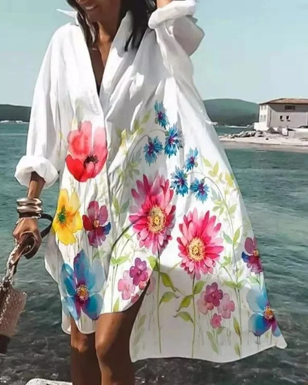Women's Casual Pink Flower V-neck Shift Dress