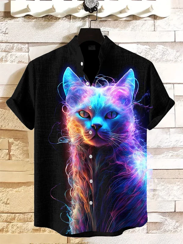 Men's Fantasy Magic Cat Art Printed Linen Blend Casual Shirt