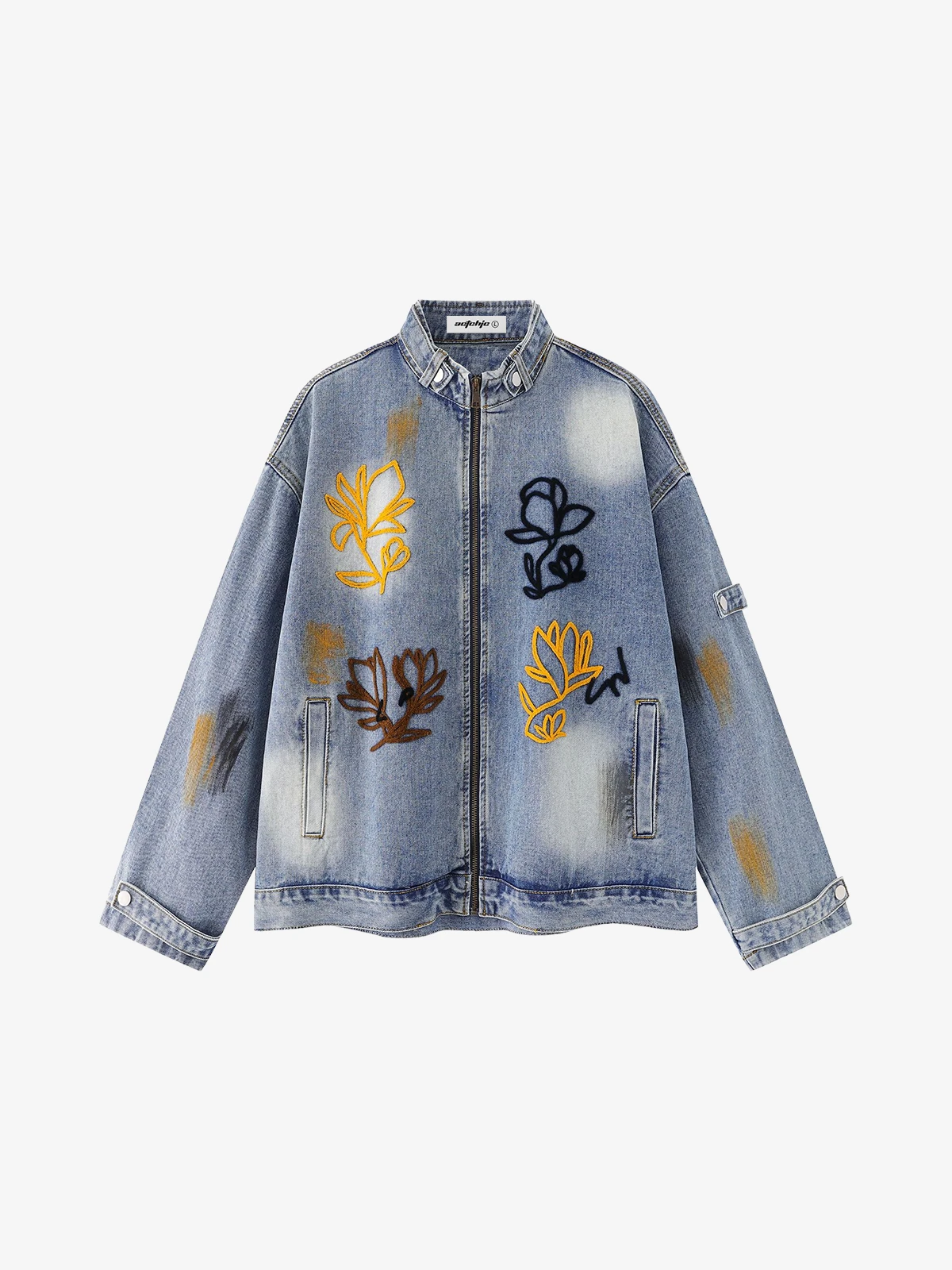 Blue Act Chic Flower Embroidery Zip-Up Denim Jacket Front