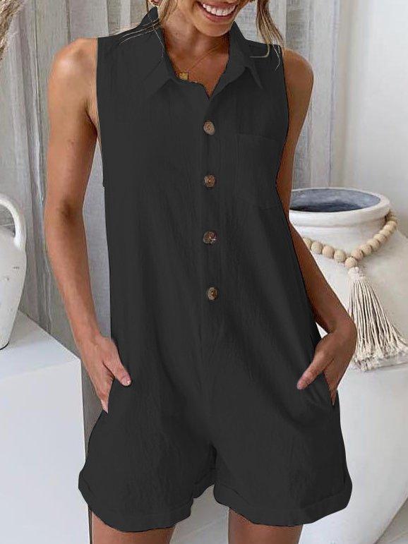Plus Size Casual Solid Sleeveless Pockets Romper