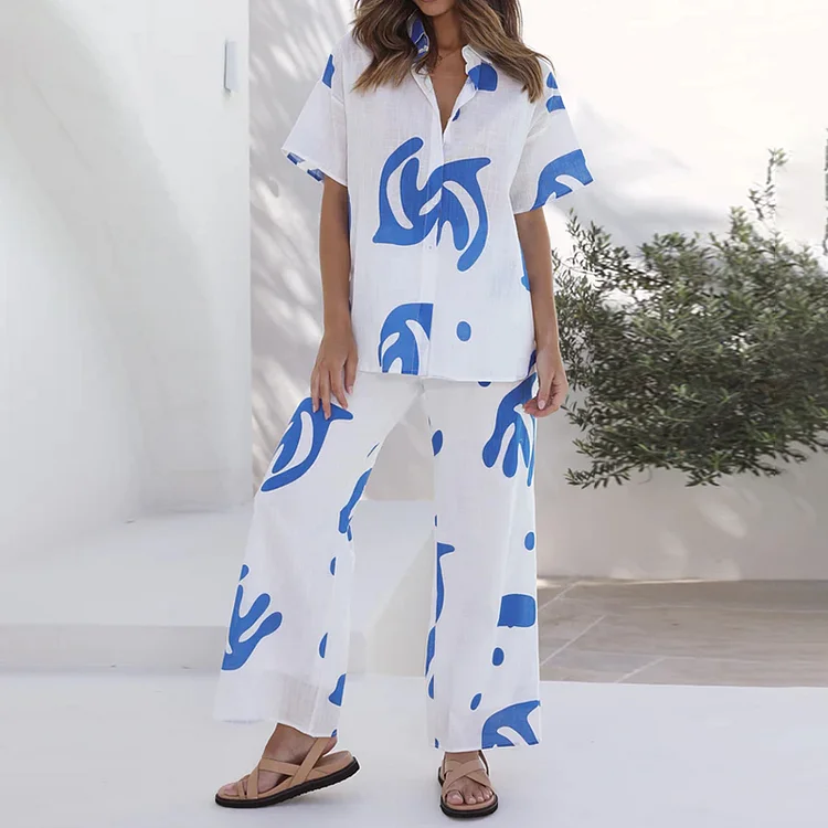 VChics Fashion Geometric Printing Short Sleeve Two-Piece Set