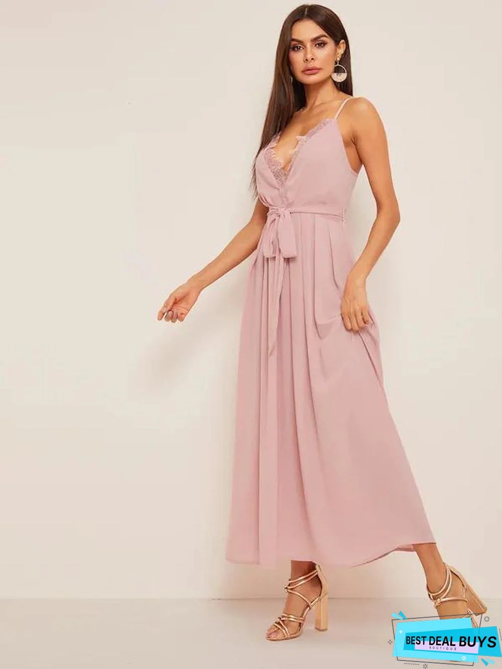 Plunging Neck Eyelash Lace Trim Belted Cami Dress