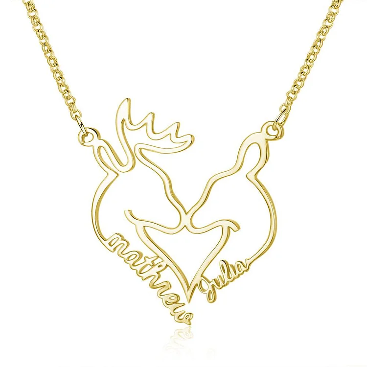 Heart Shape Christmas Deer Name Necklace Personalized 2 Names