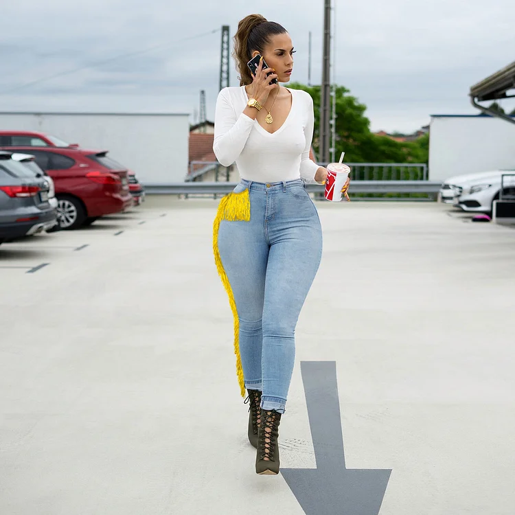Women Plus Size Jeans Long Fringe Skinny Pants