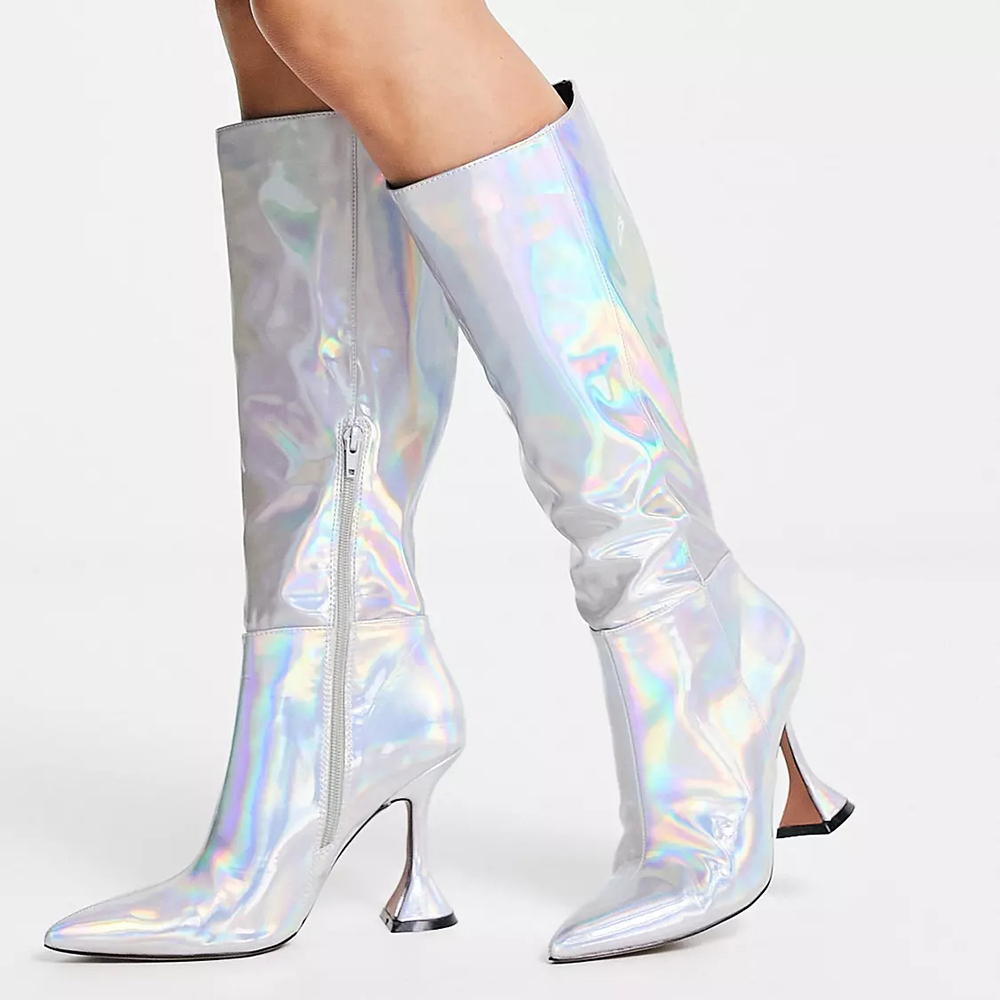 Silver Holographic Pointed Toe 3'' Flared Heel Knee High Winter Boots Nicepairs