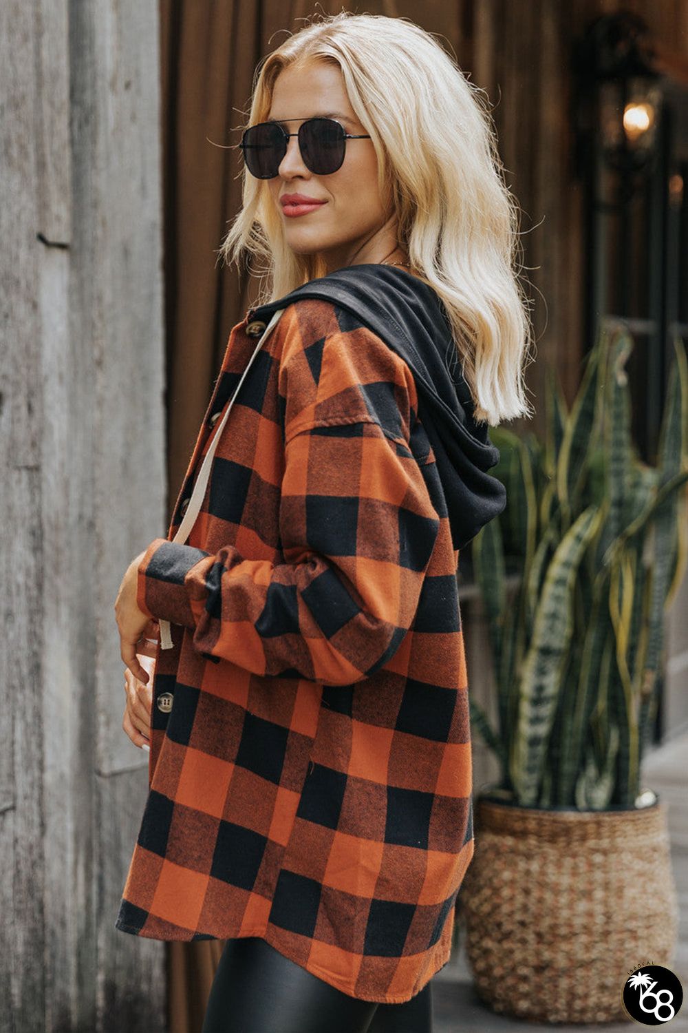 Gold Flame Buffalo Plaid Drawstring Hooded Shacket | 168DEAL