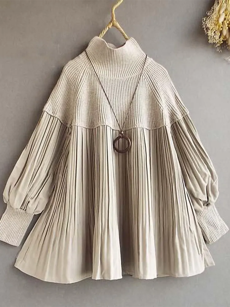 Loose Knitted Patchwork Pleated Lantern Sleeve Top
