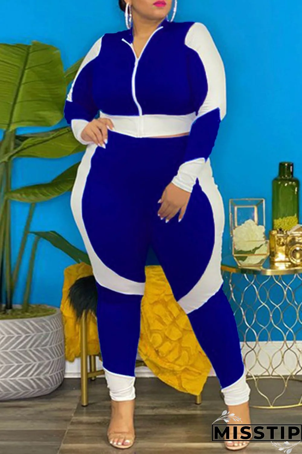 Blue Fashion Casual Patchwork Zipper O Neck Plus Size Two Pieces