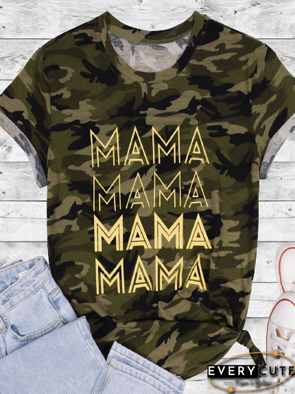 Vintage MAMA Camo Printed Plus Size Short Sleeves Crew Neck Casual Tops