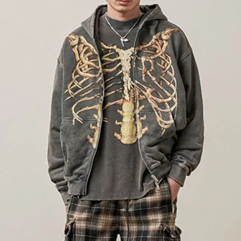 Zip-up Y2K Harajuku Anime Gothic Hoodies Korean Style Loose Skull Print Goth Grunge Long-sleeved Hooded Coat Solid Color Retro