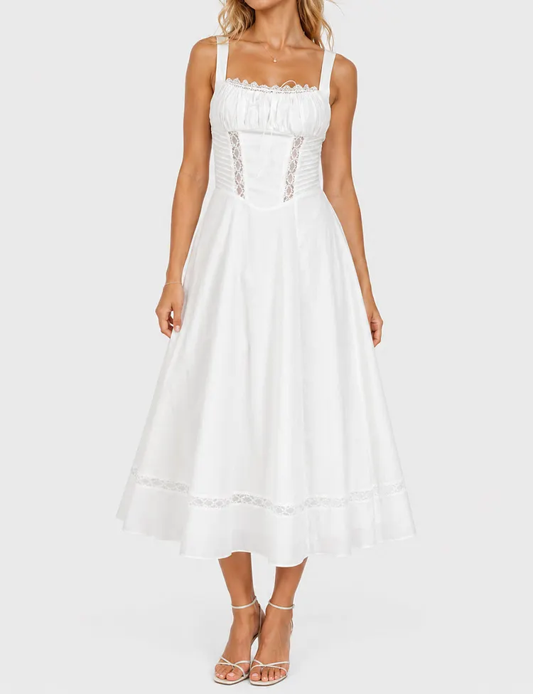 Ladies White Lace Trim Ruched Bust Midi Dress