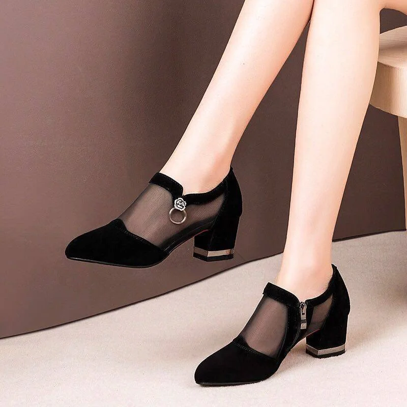 Classic Women Mesh Breathable Pumps High Heel Shoes Zip Pointed Toe Thick Heels Fashion Female Dress Shoes Elegant Footwear