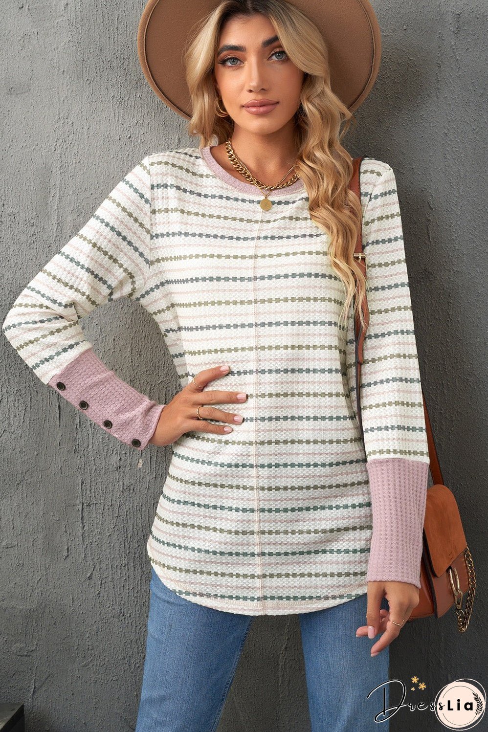 Printed Waffle-Knit Buttoned Cuff Top