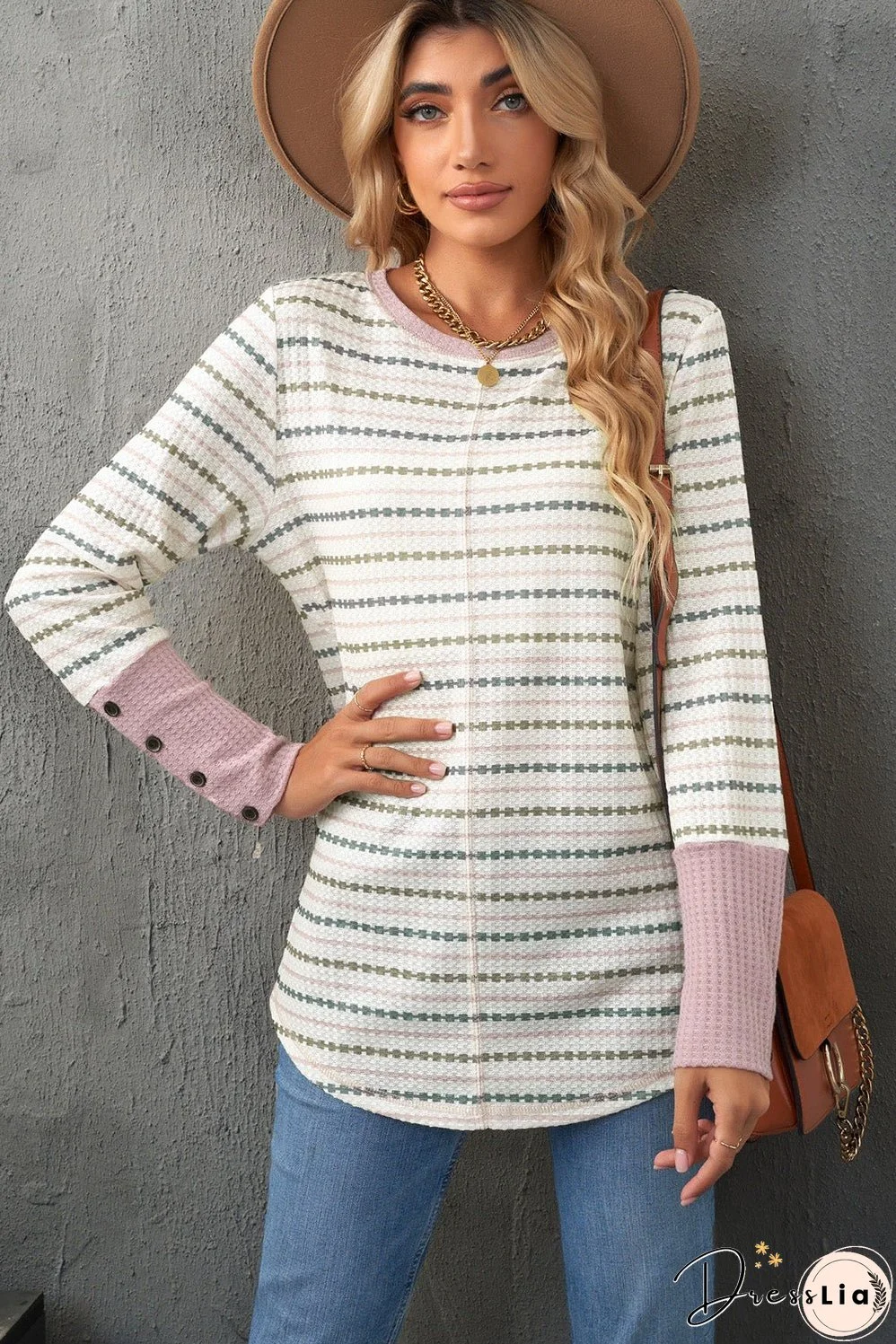 Printed Waffle-Knit Buttoned Cuff Top