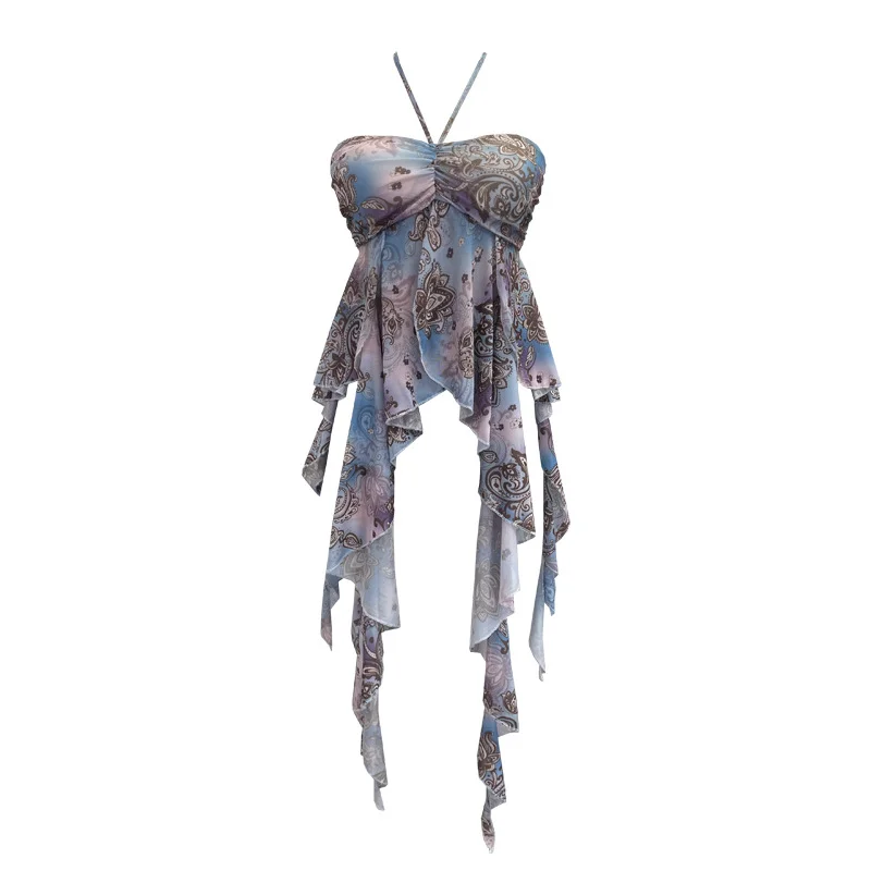 Uveng Summer Irregular Ribbon Hottie Hanging Neck Tector Screen Printing With Chest Pad Short Sling Vest 6668