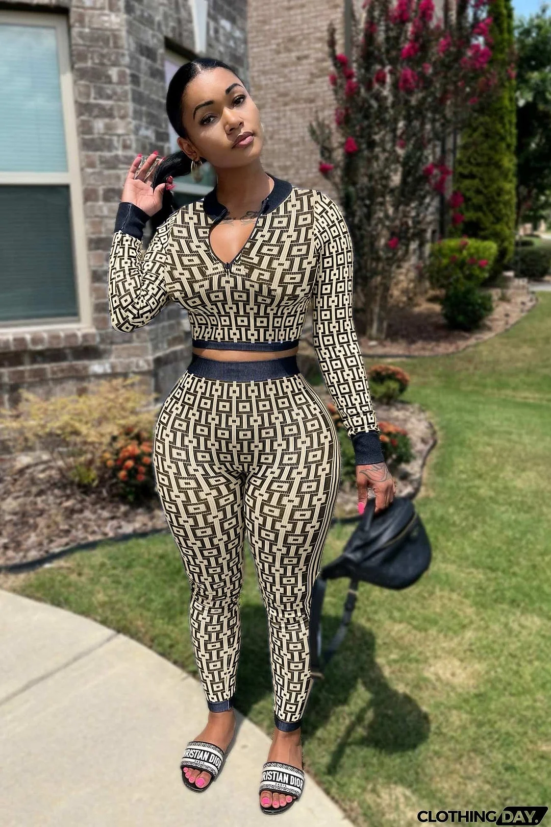 V Neck Printed Crop Top Pants Suits