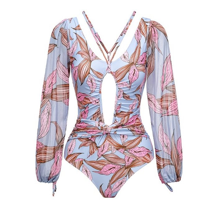 Flaxmaker Long Sleeve Vintage Printed One Piece Swimsuit