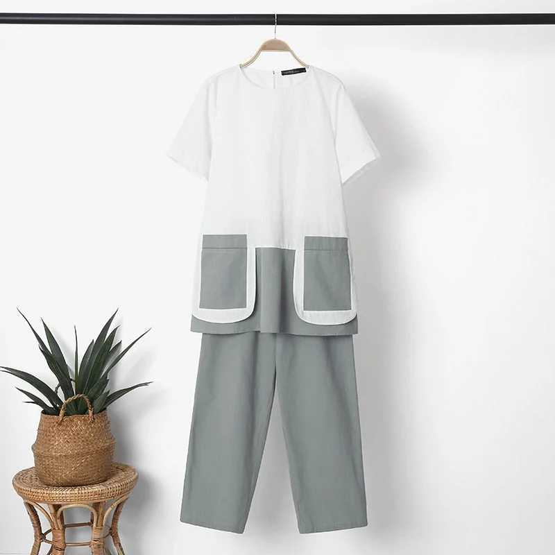 ZANZEA 2pcs Summer Urban Tracksuit Women Loose Patchwork Cotton Matching Sets Casual Pant Sets Vintage Short Sleeve Blouse Suits