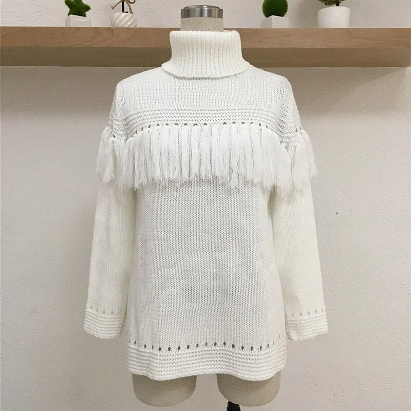 Autumn Winter Sweaters Turtleneck Sweater Pullover Fashion Hollow Out Fringe Knitted Sweater Knitwear Ladies Knit Jumper White