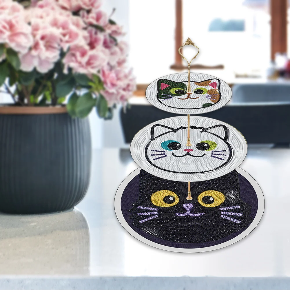 3 Tier 5D DIY Cat Acrylic Diamond Painting Cupcake Stand for Kitchen Table Decor 