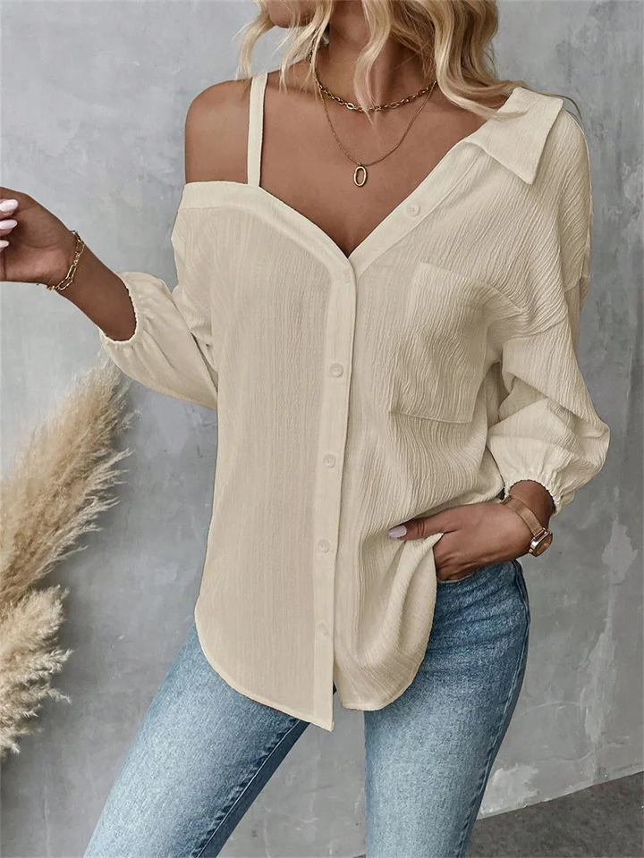 Women's Spring and Summer Lapel Sleeve Off-shoulder Cardigan Textured Casual Shirt