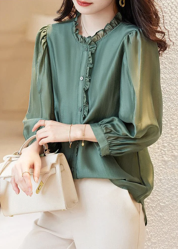 Green Solid Button Chiffon Blouses Ruffled Spring