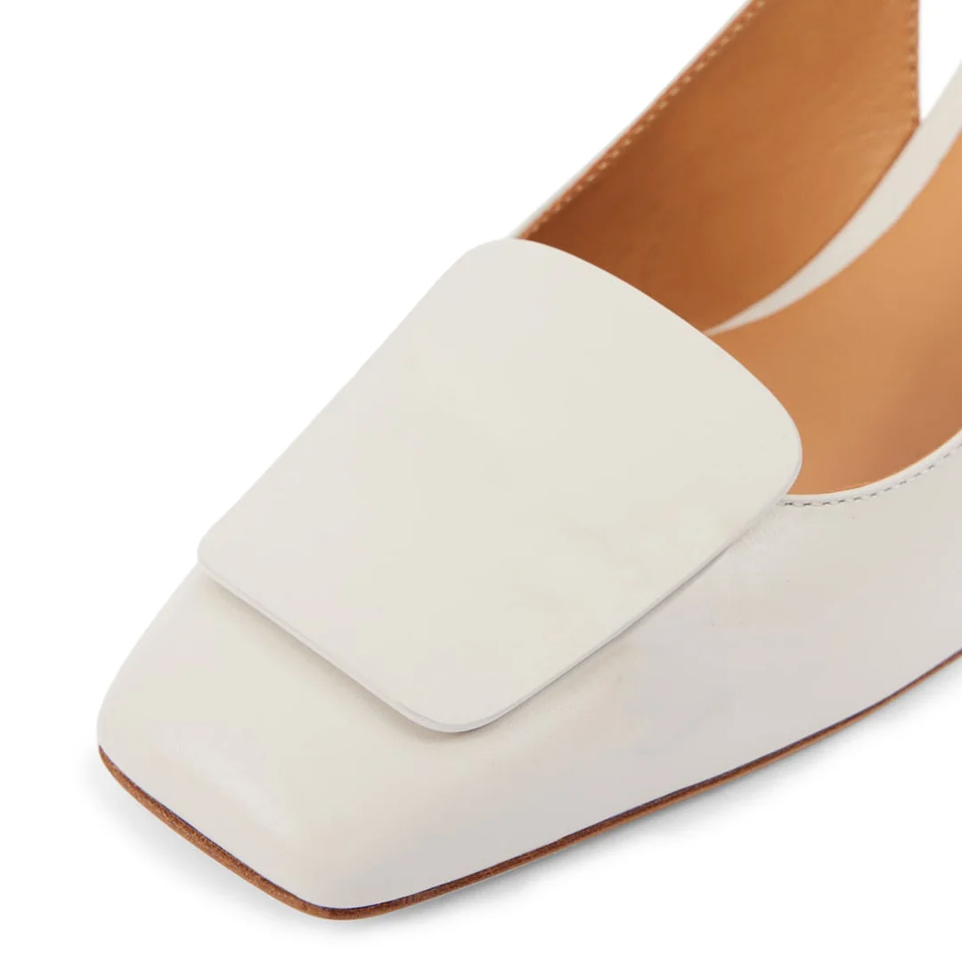 Vegan Leather Square-Toe Buckle Strap Slingback Heels in White