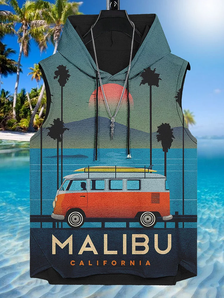 Men's Sunset Malibu California Bus Art Print Hooded Tank Top