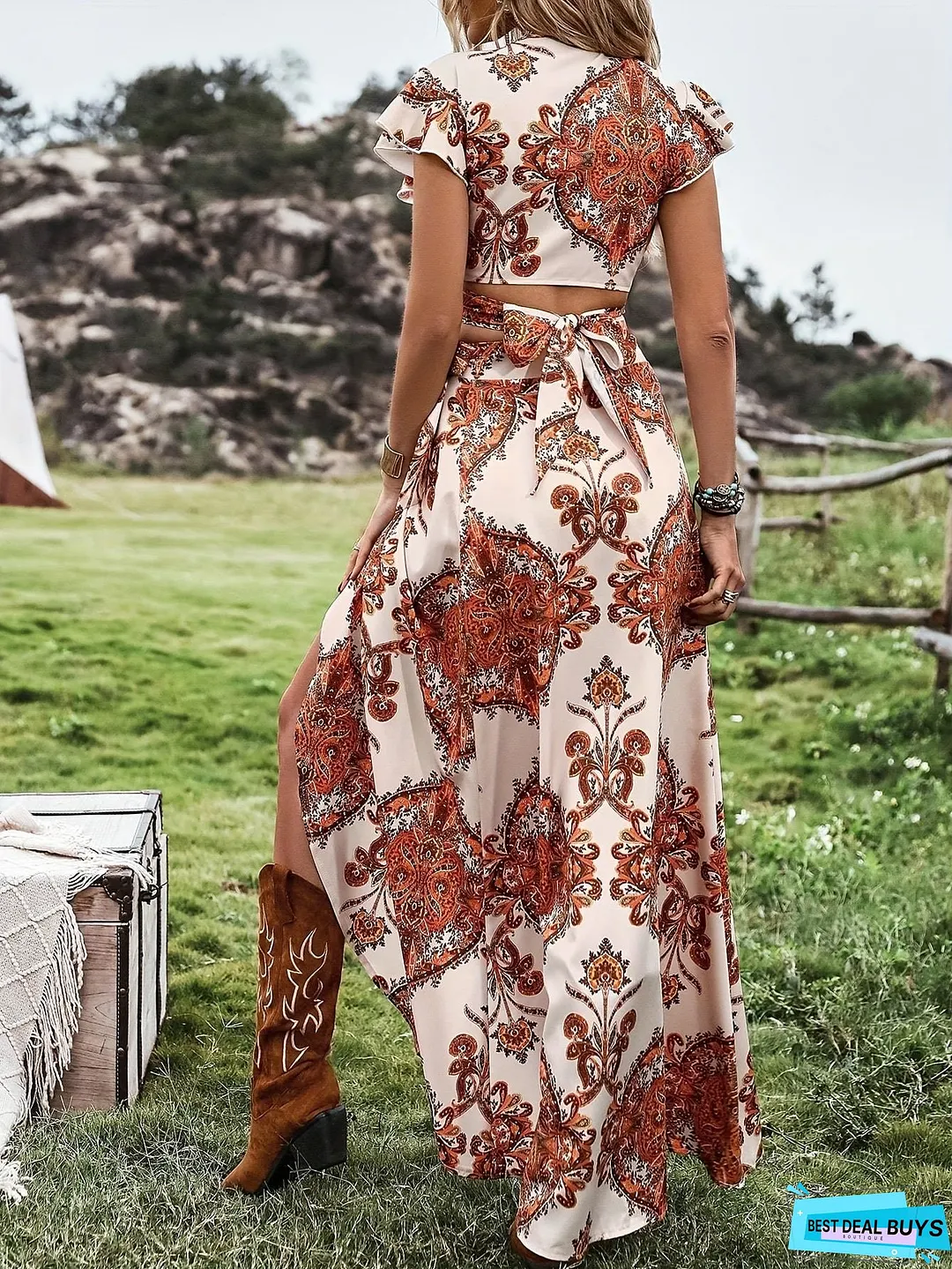 Floral Print Elegant Skirt Suit, Plunging Neck Short Sleeve Crop Top & High Waist Split A-line Skirt Outfits, Women's Clothing