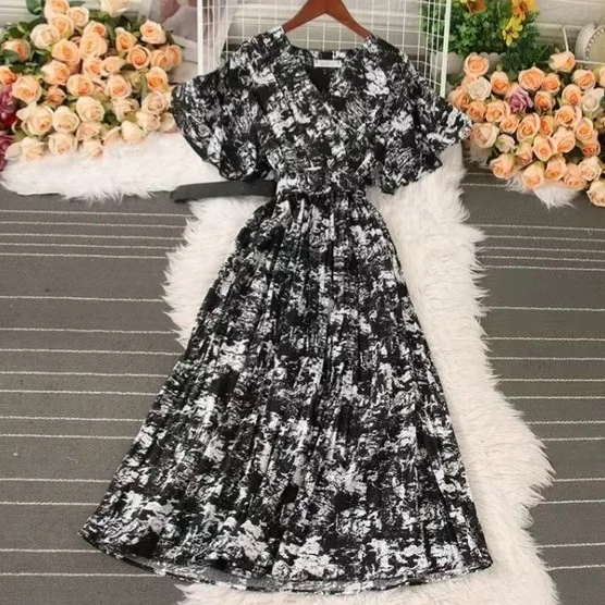 Athvotar Athvotar French Crumlom Dyed Summer New Waist Display Thin And Long Elegant Folded Chiffon Dress Holiday Woman