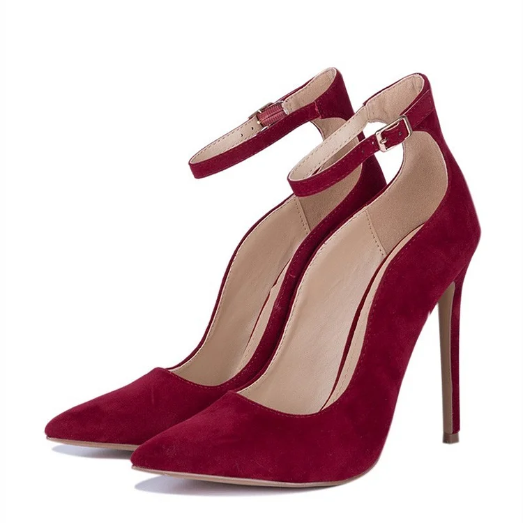 Dark Red Vegan Suede Stiletto Heel Ankle Strap Pumps |FSJ Shoes