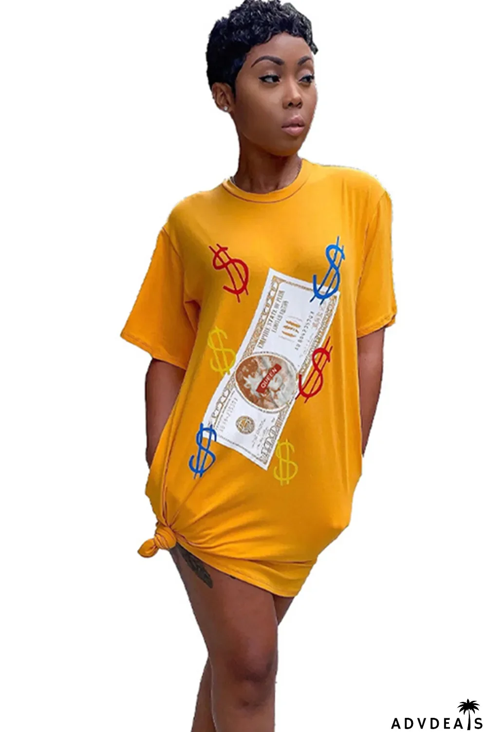 Orange Polyester Sexy Cap Sleeve Short Sleeves O neck Step Skirt Knee-Length Print