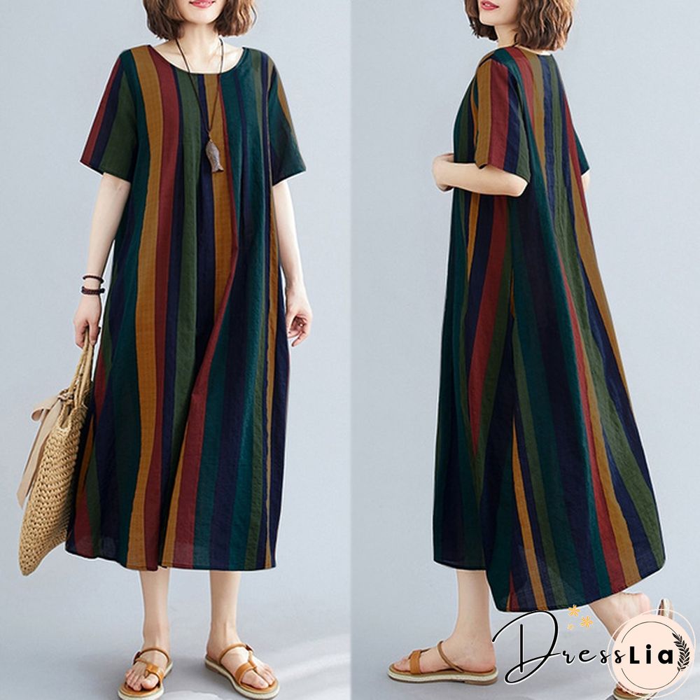 ZANZEA Women Summer Short Sleeve Plus Size Vintage Striped Dresses Long Dress