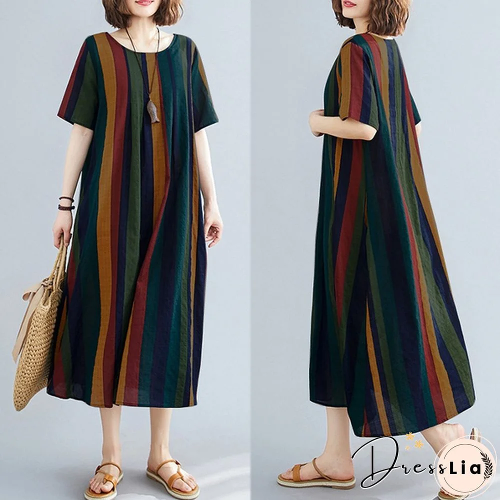 ZANZEA Women Summer Short Sleeve Plus Size Vintage Striped Dresses Long Dress