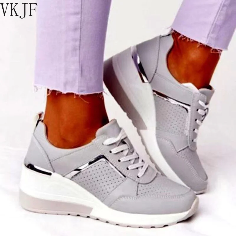 2021 New Women Sneakers Lace-Up Wedge Sports Shoes Women's Vulcanized Shoes Casual Platform Ladies Sneakers Comfy Females Shoes