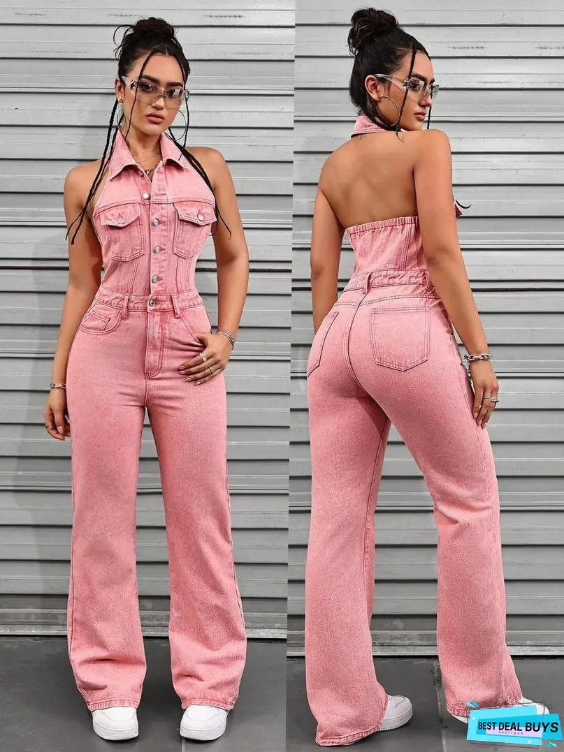 Women's Denim Fashion Sexy Backless Lapel With Jumpsuits