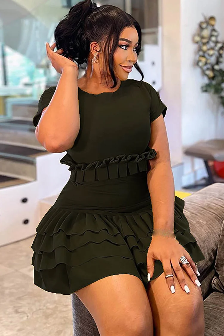 Round Neck Short Sleeve Ruffled Slim Fit Mini Dresses-Green