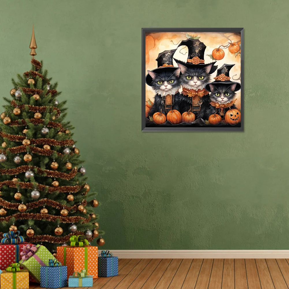 5D DIY Full Round Drill Diamond Painting Halloween Cat Pumpkin Kit Decor 30x30cm