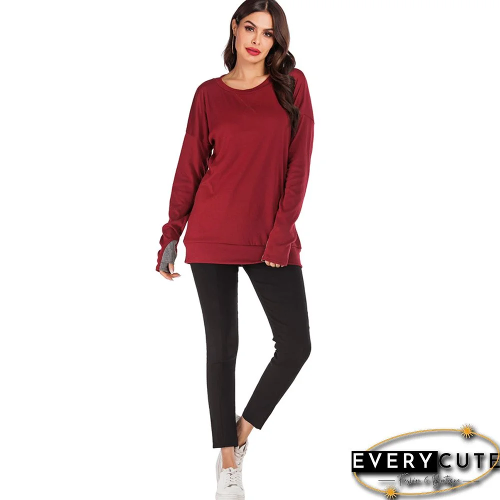 Wine Red Long Sleeve Pullover Sweatshirt
