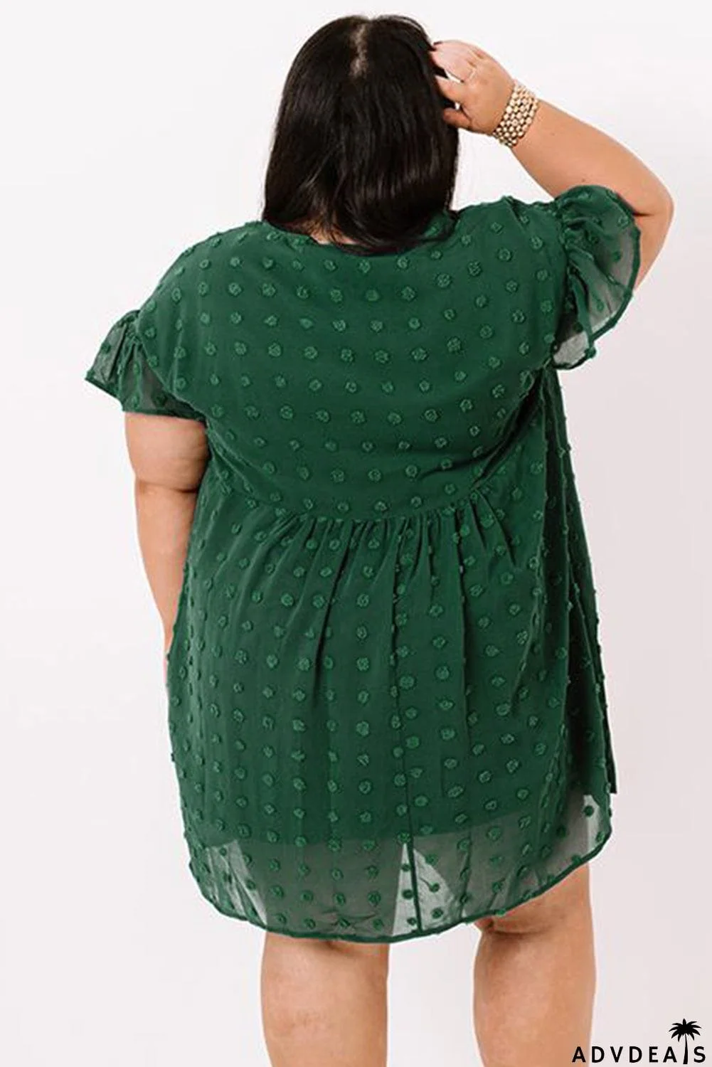 Plus Size V Neck Ruffle Swiss Dot Mini Dress with Pocket